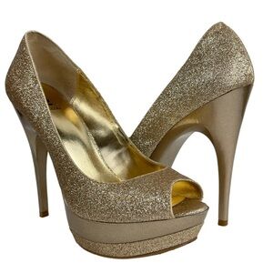 Bakers Spark Gold High Heels Platform Peep Toe Size 6.5 Glitter Party Prom